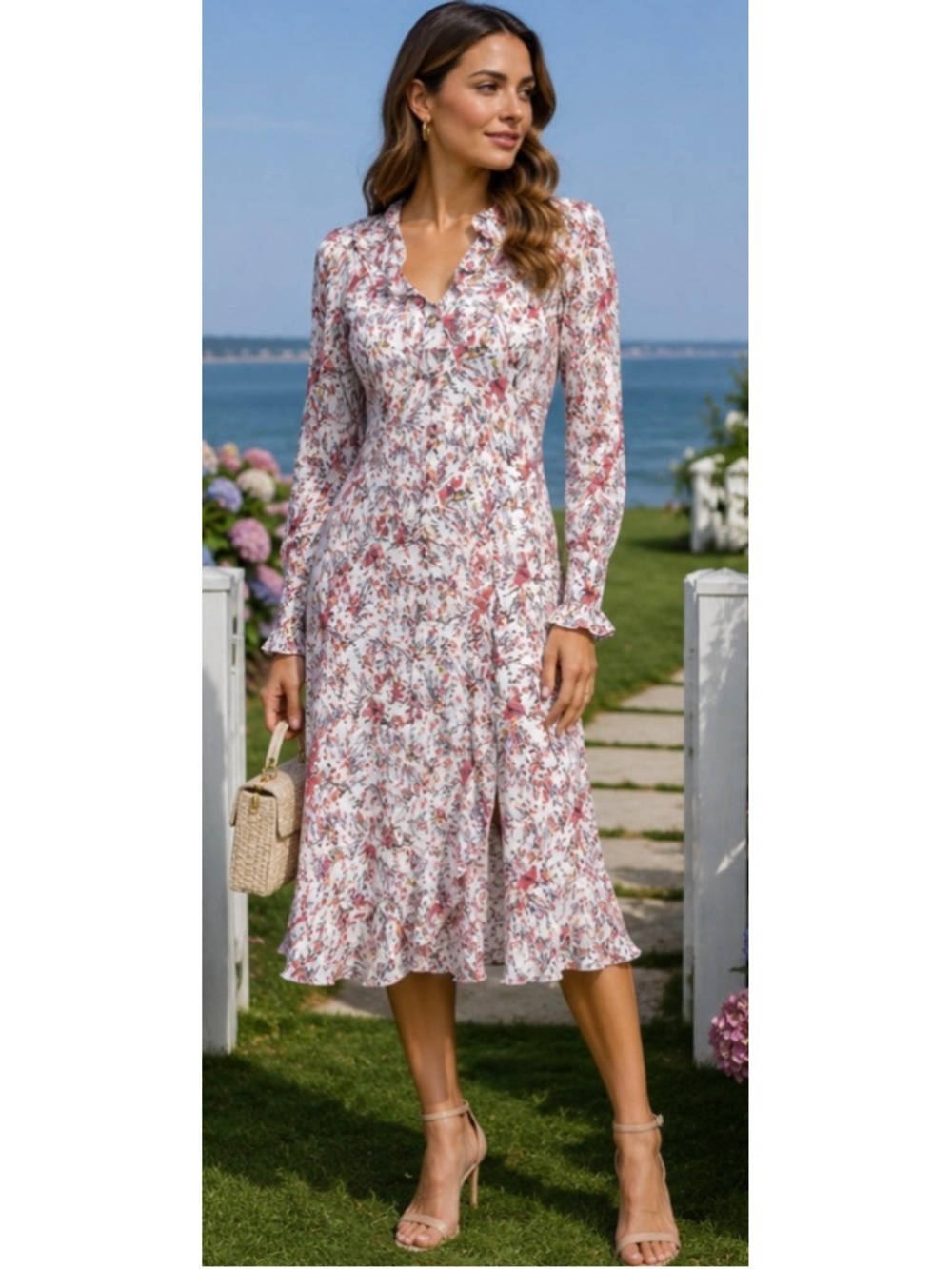 IRO Floral Midi Dress Size S White Navy Red French Designer